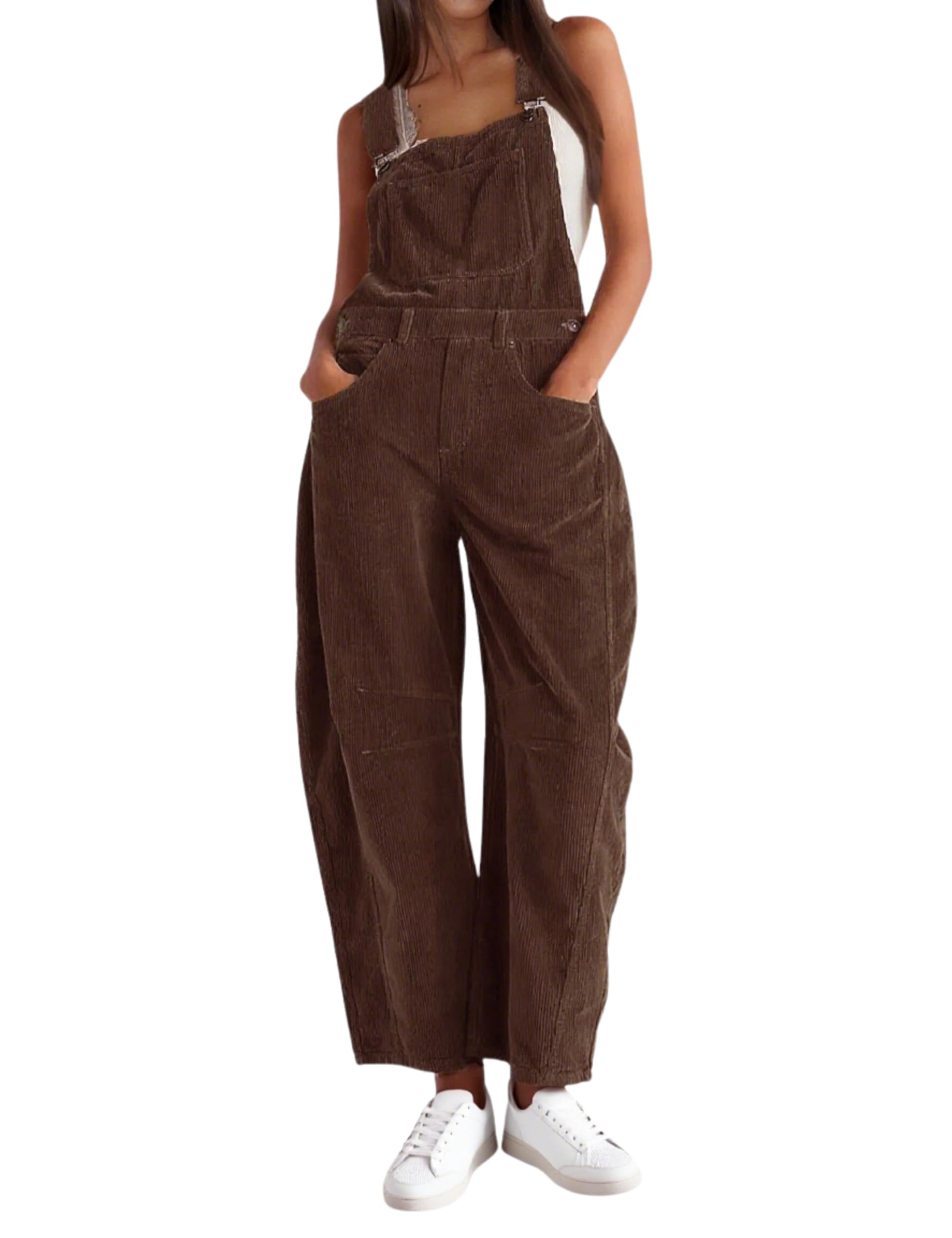 Photo 1 of AMEBELLE Corduroy Overalls for Women Barrel Wide Leg Bib Corduroy Pants Women Adjustable Romper Jumpsuit with Pockets(3007-Brown-M)
