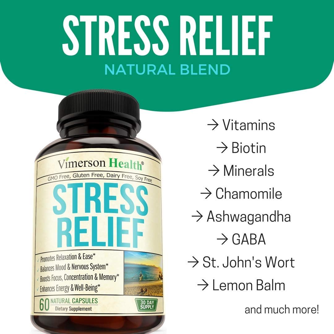 Stress Relief Mood Enhancer Supplement. Relief from Occasional Stress, with Biotin, 5-HTP, Valerian, Lutein, Vitamin B1 B2 B5 B6, L-Theanine, St. John's Wort, Ashwagandha, Chamomile. Niacin, GABA.: Health & Personal Care