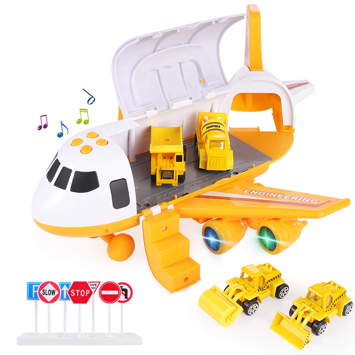 SHANNA Aircraft Vehicle Playset, Inertia Wheel Airplane with Vehicles Educational Toy Set, 1 Large Plane, 4 Alloy Car for Toddlers Over 3 Years Old (Engineering Vehicle -Yellow)