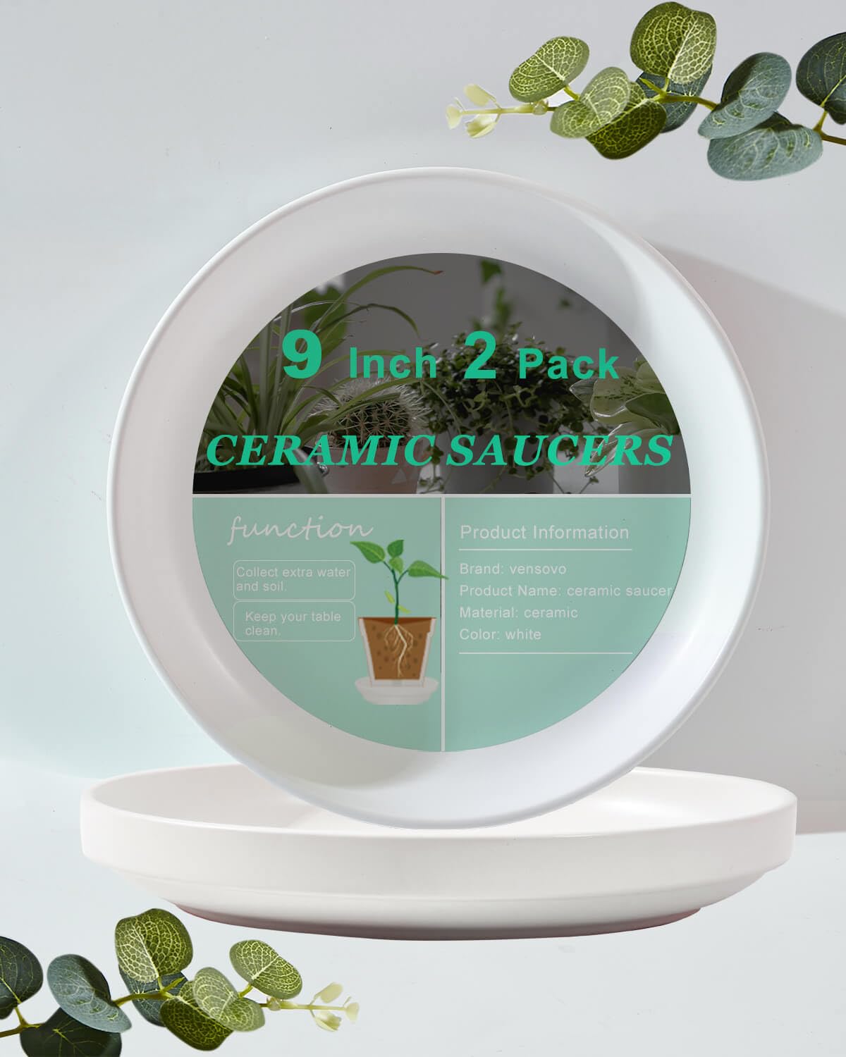 Photo 1 of vensovo 9 Inch Ceramic Plant Saucer Pots Tray - 2 Pcs Modern White Planter Saucers for Indoor & Outdoor Plants, Large Pot Trays Perfect for 8 Inch 8.5 Inch 9 Inch Flowerpot