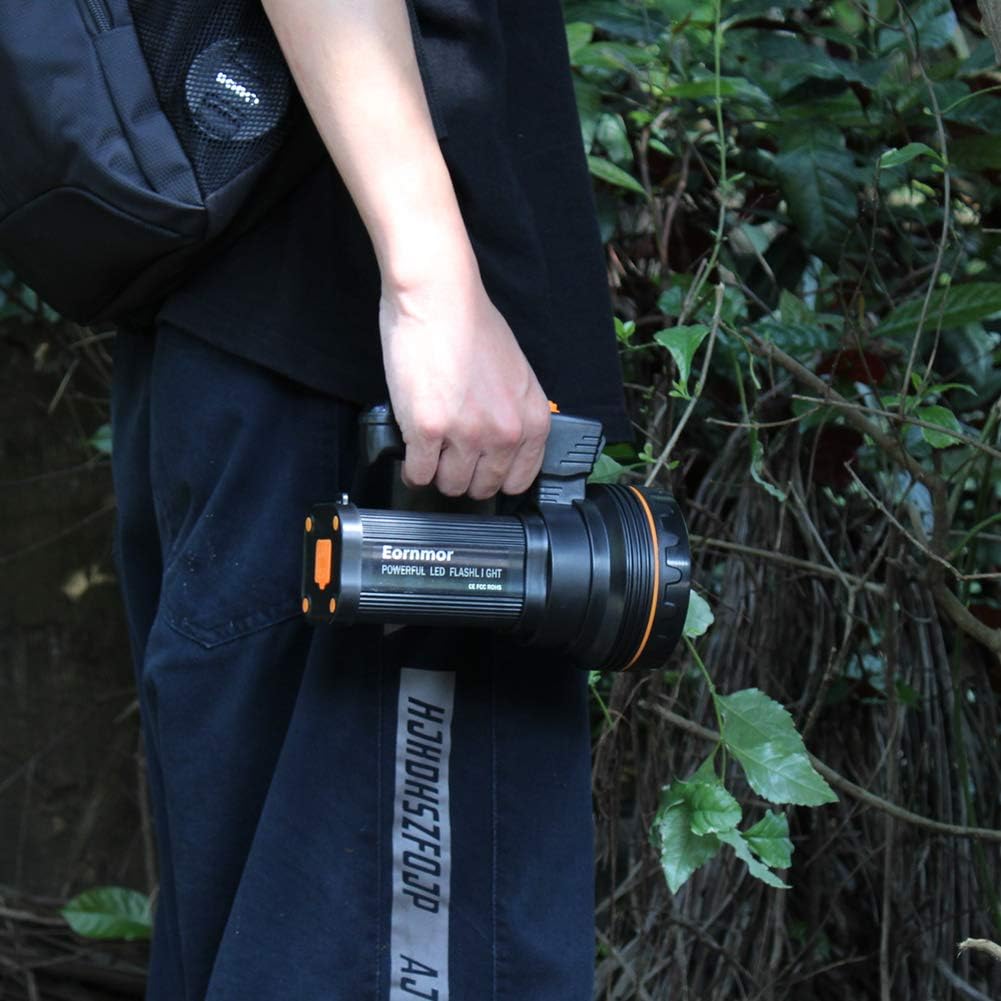 Eornmor Outdoor Handheld Portable Flashlight 6000 Lumens USB Rechargeable Super Bright LED spotlight Torch Searchlight Multi-function Long Shots Lamp, 9000ma 35W (Black) - - 