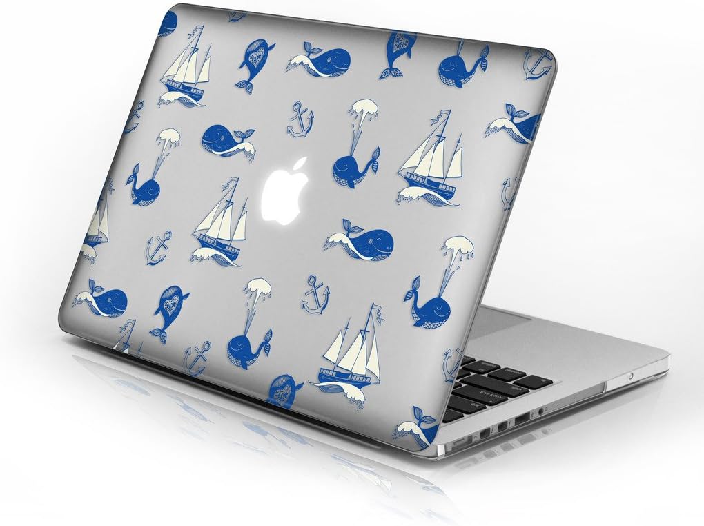 Rubberized Hard Case for 13 Inch MacBook Pro with Retina Display Model Number A1502 and A1425, Whale and Boat Design with Clear Bottom case, Come with Keyboard Cover