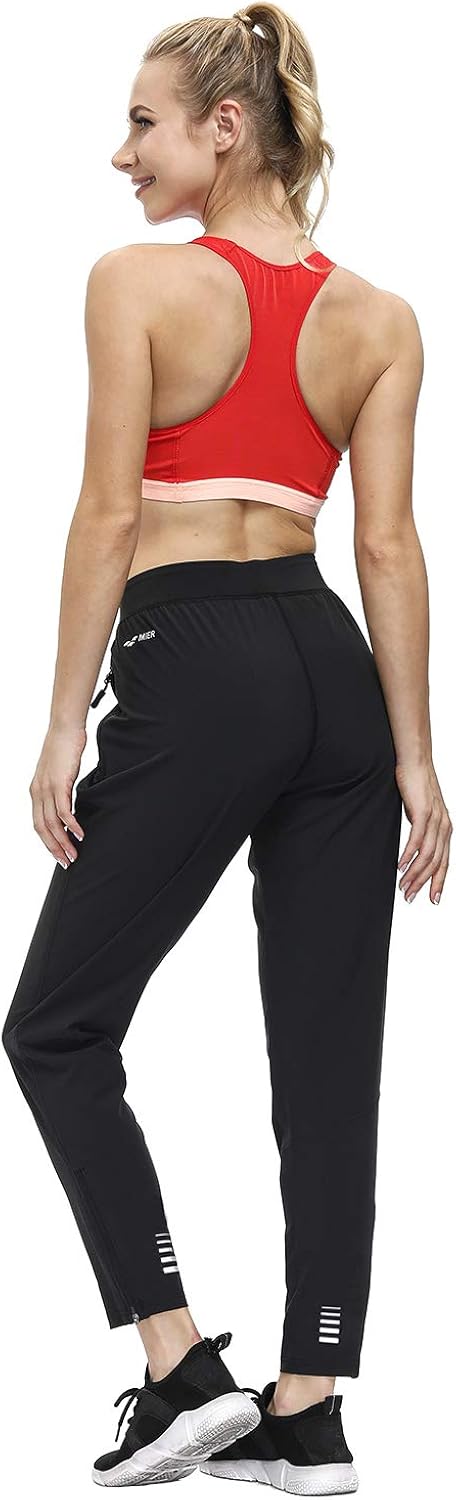 MIER Women's Lightweight Running Pants Tapered Athletic Quick Dry Hiking Pants with Pockets Sports Yoga Track Pants, Black: Clothing