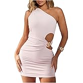 Milumia Women's Cut Out One Shoulder Mini Dress Ruched Sleeveless Bodycon Party Birthay Dresses