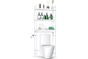 Purbambo Bamboo Over The Toilet Storage, 3-Tier Freestanding Shelf Rack with Toilet Paper Holder & 3 Hooks for Bathroom, Balcony, Porch, Laundry - White