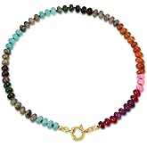 Aiqilin Beaded Gemstone Necklace for Women, Colorful Rainbow Choker, Boho Natural Stone Summer Beach Handmade Jewelry