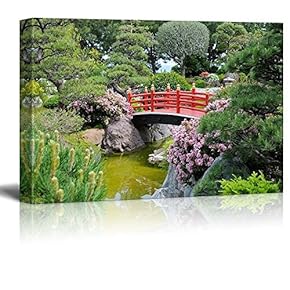 Red Bridge Over a Lake Surrounded by Beautiful Trees - Canvas Art Home Art - 12x18 inches