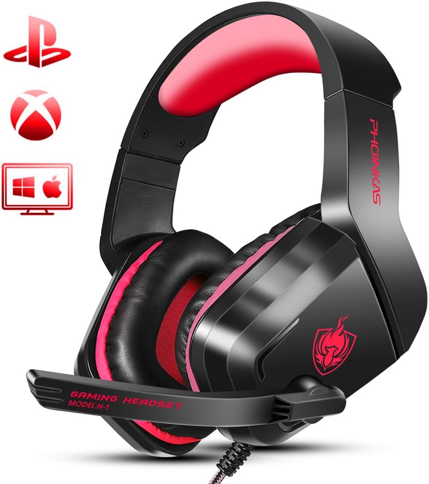 PHOINIKAS H1 3.5 mm Gaming Headset, PS4 Headset for PC, Laptop, Mac, iPad, Nintendo Switch Games, Over Ear Headphone with Microphone, Bass Surround, LED Light, Gift for Kids (Red)