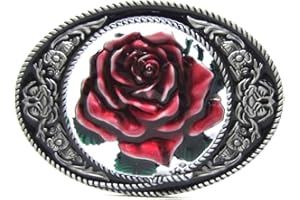 MASOP Vintage Oval Flower Red Rose Belt Buckle Cowgirl Girl Rodeo Floral Metal