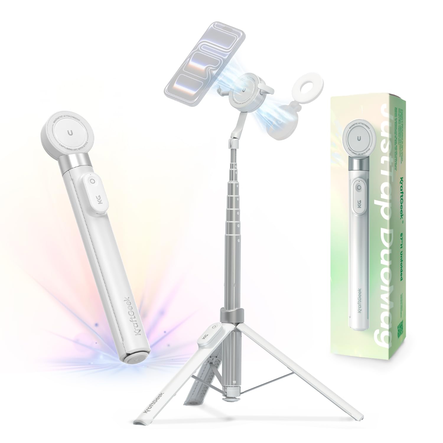 KraftGeek 67" Dual-Sided Magnetic Phone Tripod for iPhone MagSafe, Auto-Open Selfie Stick Tripod with Remote, Hidden Clamp, Portable Cell Phone Tripod Stand for Travel & Content Creation(White)