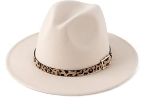 HUDANHUWEI Women's Wide Brim Felt Fedora Panama Hat with Leopard Belt Buckle