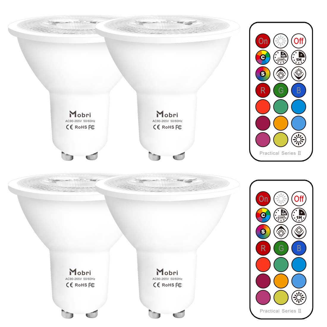 Mobri GU10 LED Bulbs, 5W Colour Changing Spot Light Bulb, Dimmable via Remote Control, 75 Watt Equivalent with Timing, RGB+ Warm White (2700K),Double Memory (4 Pack)