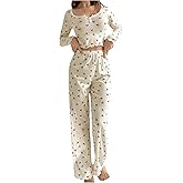 SOLY HUX Pajama Sets for Women 2 Piece Cherry Print Long Sleeve Crop Tops and Pants Sleepwear Loungewear