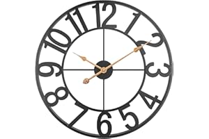 BEW 24 Inch Metal Clock, Large Cut-Out Farmhouse Decorative Wall Clock Battery Operated, Silent Non-Ticking Indoor Outdoor Iron Wall Clock for Living Room, Patio