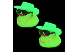 2pcs Glow in The Dark Ducks, Green Rubber Duck Small Little Duckies with Cowboy Hat Sunglasses & Necklace Mini Funny Car Dash