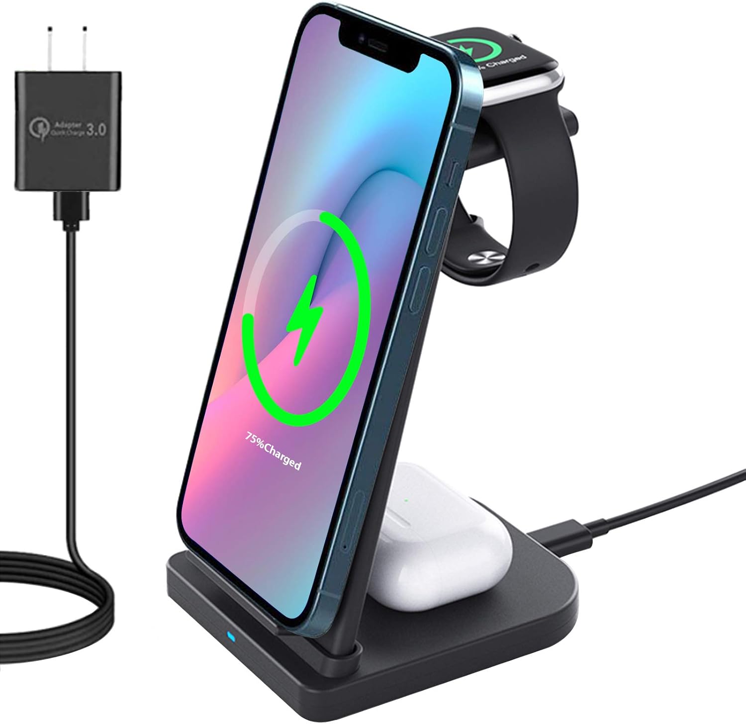 3 in 1 Wireless Charging Station, Phone Wireless Charger Stand Watch Charger Stand Compatible with iPhone 12 11 Pro Pro Max X XR XS 8 Samsung Galaxy S20+ S10 S9 iWatch 6/5/4/3/2 Airpods 2/Pro (Black)
