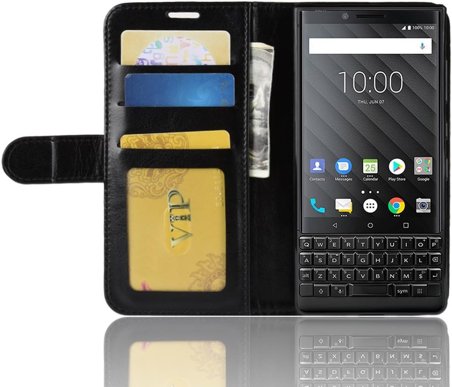 Blackberry Key 2 Case Wallet Flip Cover 2 in 1 Premium PU Leather Case Litchi Texture Stand Case Cover with HD Clear Screen Protector (Black)