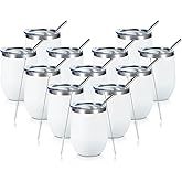 COMOOO 12oz Stainless Steel Wine Tumbler Lid and Straw, Double Wall Vacuum Insulated Wine Tumbler Cup, Stemless Wine Tumbler, Coffee, Wine, Cocktails, Ice Cream Cup White,12 Pack