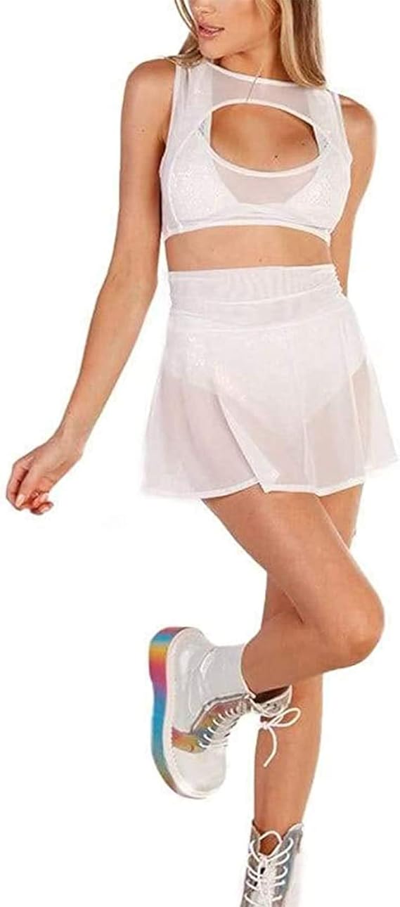 Women's Sexy See Through Mesh Mini Skirts High Waist ALine Ruffle