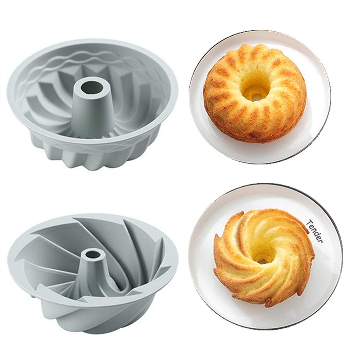 xingmo 2pcs 6 inch Spiral Cake Pan,Silicone Fluted Cake Bread Pans Bakeware DIY Mould (Grey)