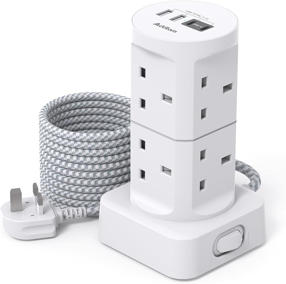 Addtam 13A 3250W 8 Way Tower Extension Lead with 4 USB Ports USB-C & USB-A