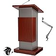 Mfallon Wooden Podium Stand with Wheels+Adjustable Microphone Stand, Portable Mobile Office Conference Podium, Business Lecture Podium Reception Desk with Storage for Churches, Seminars Classroom