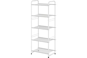 GEORIS 5-Tier Heavy Duty Storage Rack | Stylish Bathroom Shelf | Stackable Extendable Plant Stand with Adjustable Shelf | Perfect for Kitchen, Living Room, Balcony | White