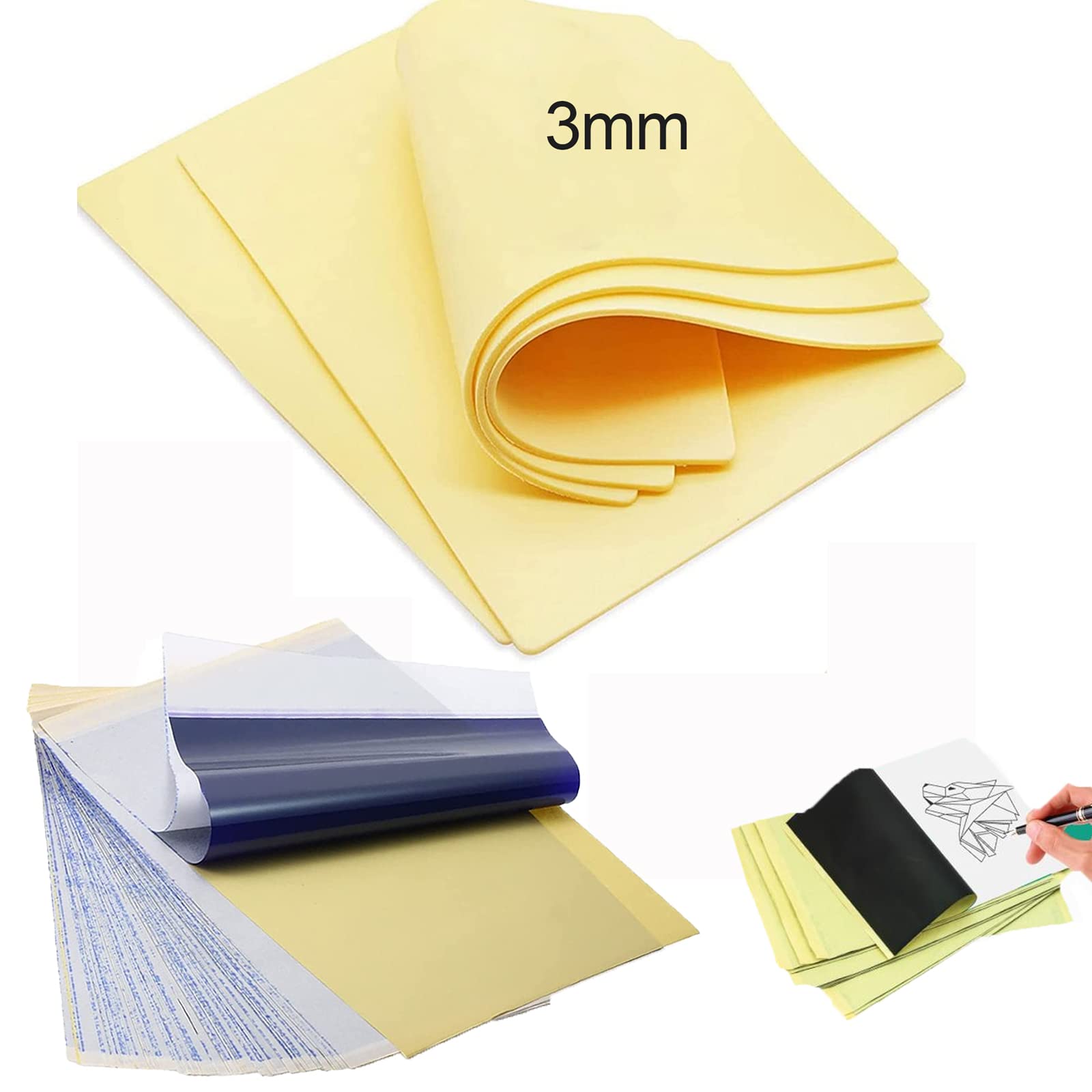 Urknall 3mm Tattoo Practice Kit - 3PCS A4 Size Large Fake Skin and 15PCS Stencil Paper Kit With Thick Thermal Paper