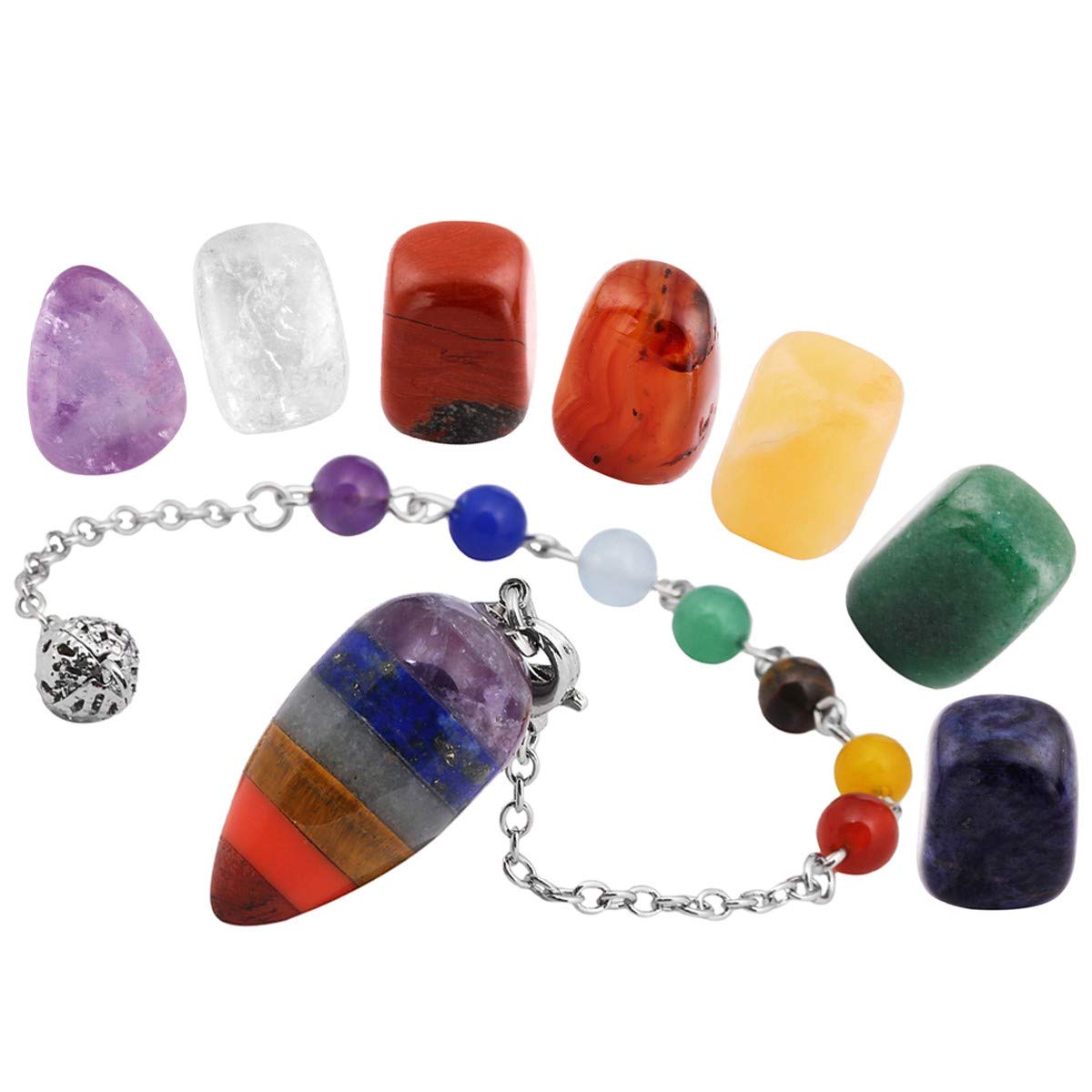 mookaitedecor 7 Chakra Crystals Set, Healing Crystal Gifts Set Polished Tumbled Pocket Worry Stones & 7 Chakra Crystal Pendulum Dowsing