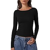QINSEN Women's Long Sleeve T Shirts Crewneck Tight Fitted Rib Knit Y2k Casual Tee Tops
