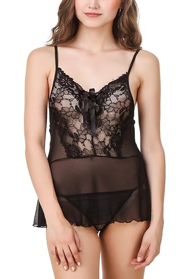 Baby Doll Black Satin Net Night Dress for Women's/Girl's|Soft & Comfortable|(Free Size)