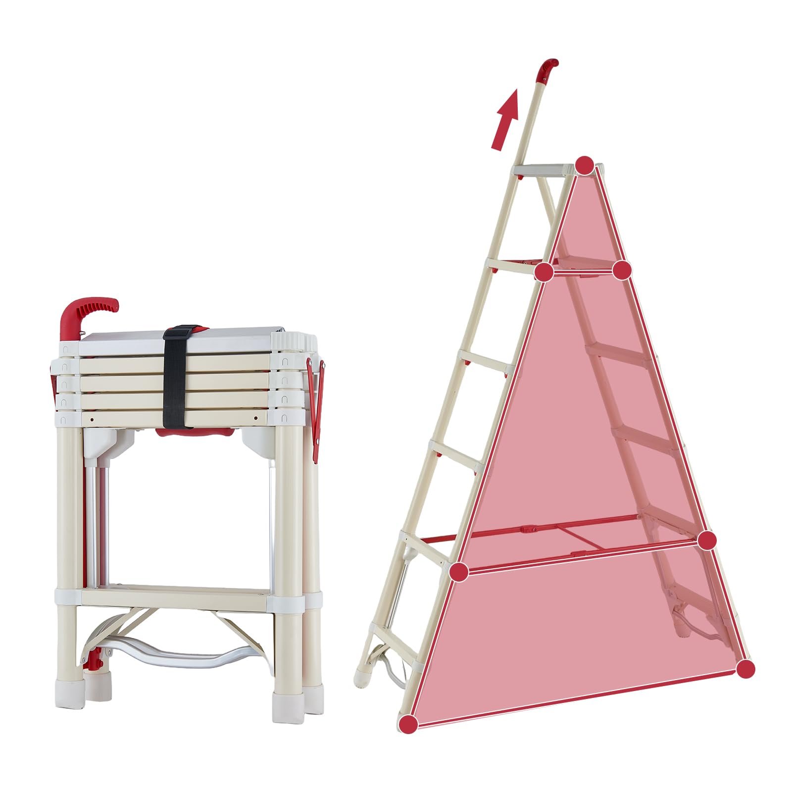Step-Triggered Auto Retraction Telescoping Extension Ladder, A-Frame Aluminum Foldable Design Collapsible Ladder with 330lbs Bearing Capacity for Home RV Outdoor Indoor Work, White & Red