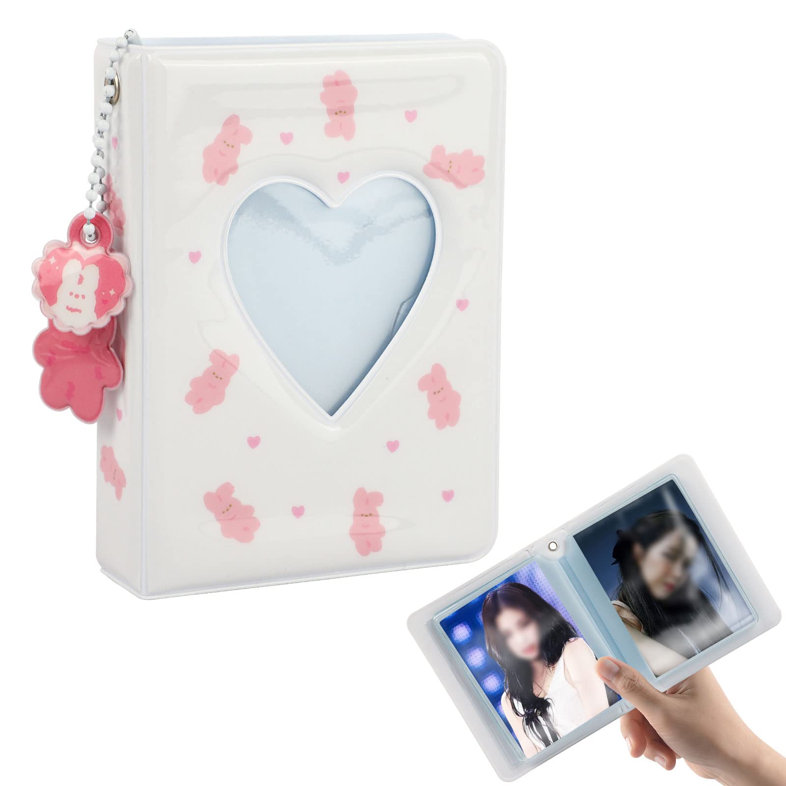 40 Pockets Photo Binder Album, Kpop Mini Photocard Holder Book with Lovely Pendant, Heart Hollow Cute Squirrel or Cat Pattern for Photo Picture Collection (White)