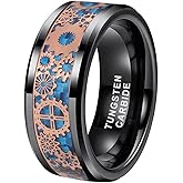 TUTISS 8mm Gunmetal Tungsten Rings for Men Women Wedding Bands Blue Green Red Carbon Fiber Steampunk Gear Inlay Beveled Edges Polished Comfort Fit