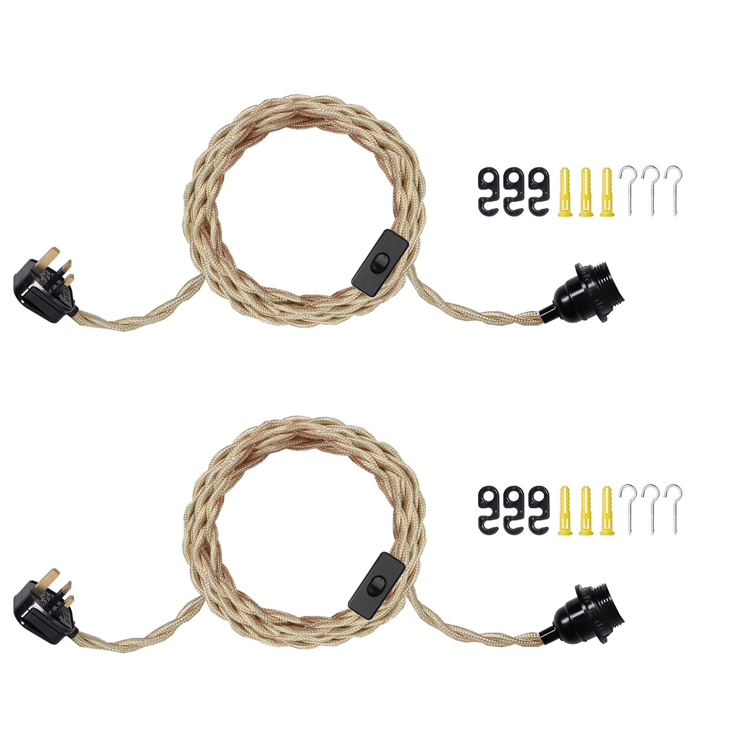 Yewclls Plug in Pendant Light Cord Vintage Hanging Lights Kit with 15ft Twisted Nylon Rope E26 E27 Socket On-Off Switch DIY Pendant Lamp Kit for Farmhouse Home - 2Pack