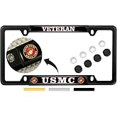 USMC Veteran 4 Hole Metal Car License Plate Frame - Black, Qty: 1 | Officially Licensed US Marine Corps Product, Free caps included, Domed Thin Top, Custom - Made by BestLicensePlateFrames