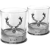 English Pewter Company 11oz Old Fashioned Whisky Rocks Glass Set With Pewter Stag Deer Head and Base [STAG105]