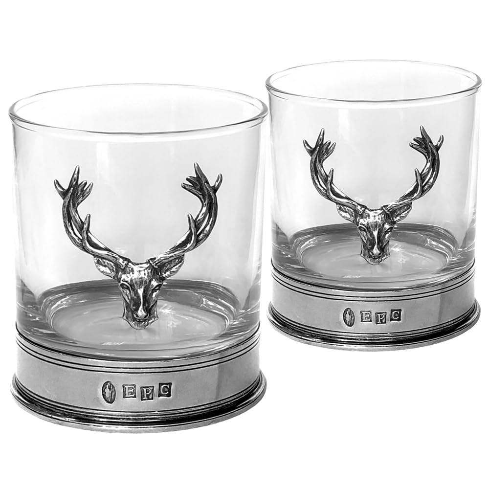 English Pewter Company Double Whiskey Glass Tumbler Set with Pewter Stag Head and Base [STAG105]