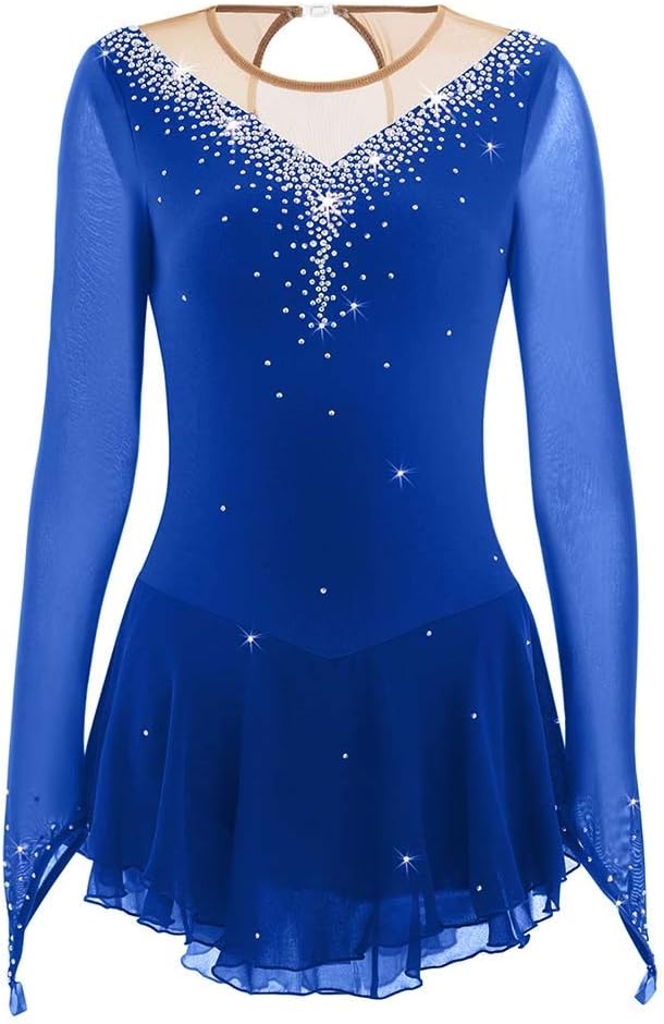 Skating Queen Figure Skating Dress for Girls Women Ice Skating Performance Competition Dress Breathable Mesh Fabric Quick Dry Handmade Skating Dress Long Sleeved
