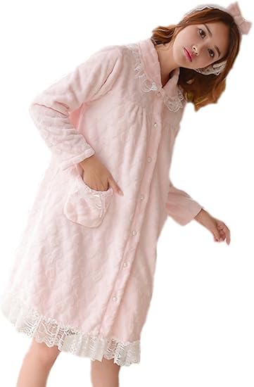 Amazon Honeystore ネグリジェ ワンピース 前開き ルームウェア 寝巻き 冬 もこもこ 姫系 長袖 レース ピンク ルーム ワンピース ネグリジェ 通販