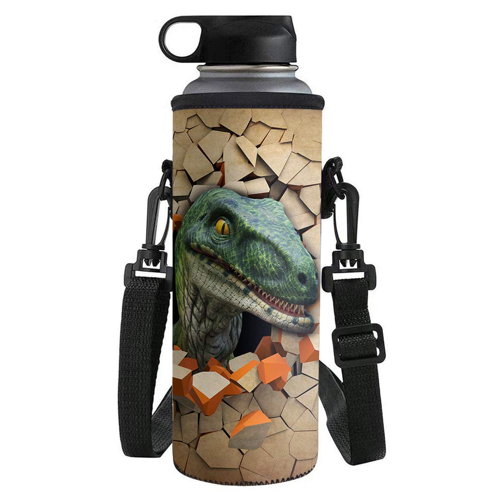 UOIMAG Kids Dinosaur Water Bottle Carrier Pouch Shoulder Strap Bottle Cover Neoprene Insulated Bottle Holder for Outdoor Activites Small Size 500ML