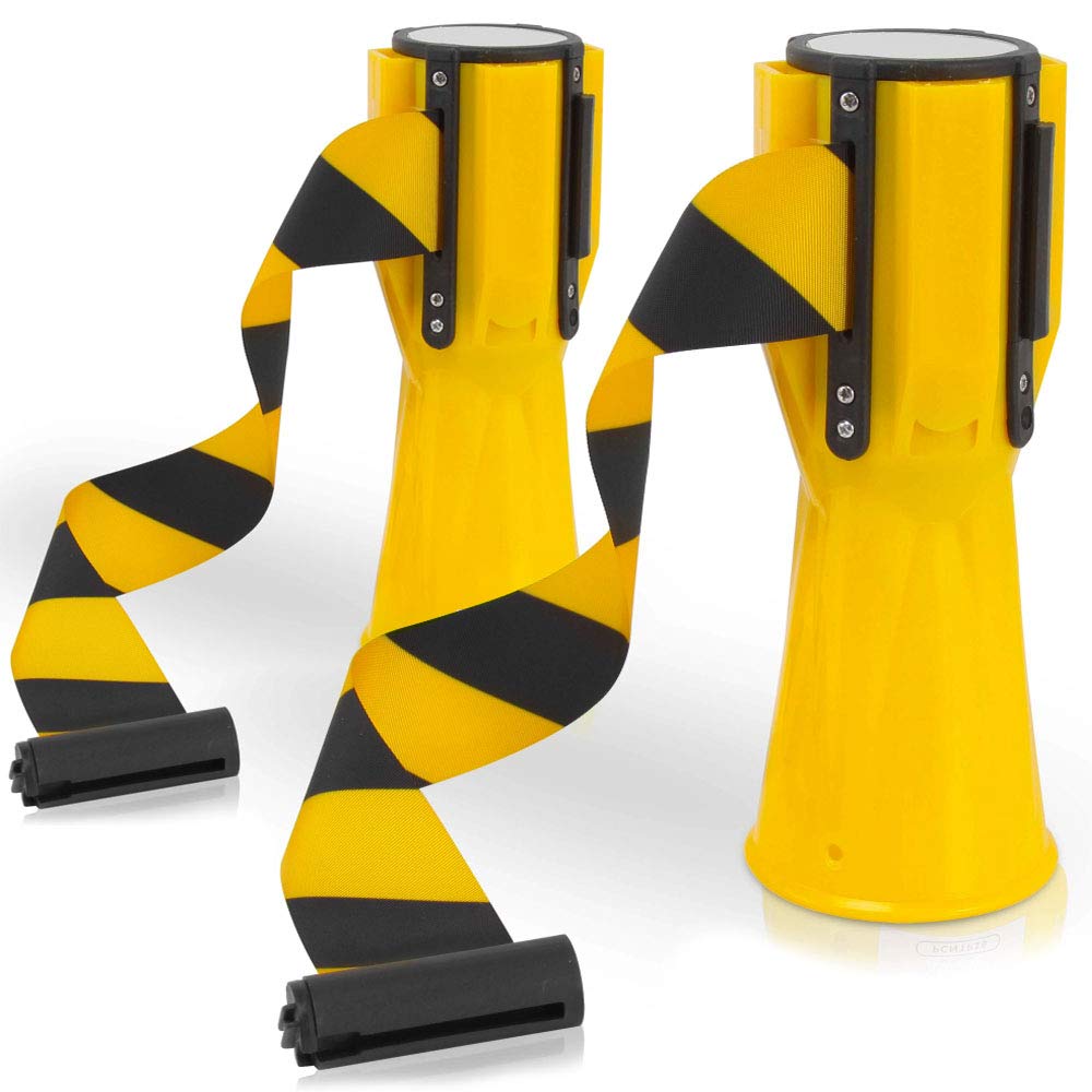 Pyle 2-Pc Traffic Cone Emergency Belt - Retractable Traffic Cone Hazard Warning Tape Barrier Belt, High-Visibility w/Striped Bright Yellow Design, Sold in Pair