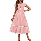 Arshiner Girls Summer Maxi Dresses Short Sleeve Casual Flowy Tiered Dress with Pockets for 4-14 Years