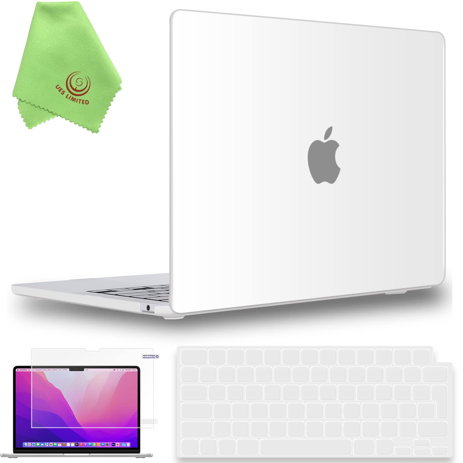 UESWILL Compatible with MacBook Air 13 inch M5 M4 M3 M2 Case 2022-2026 Model A3449 A3240 A3113 A2681 Mac Air 13.6, Matte Hard Shell Case + Keyboard Cover + Screen Protector, Frosted Clear — image 1