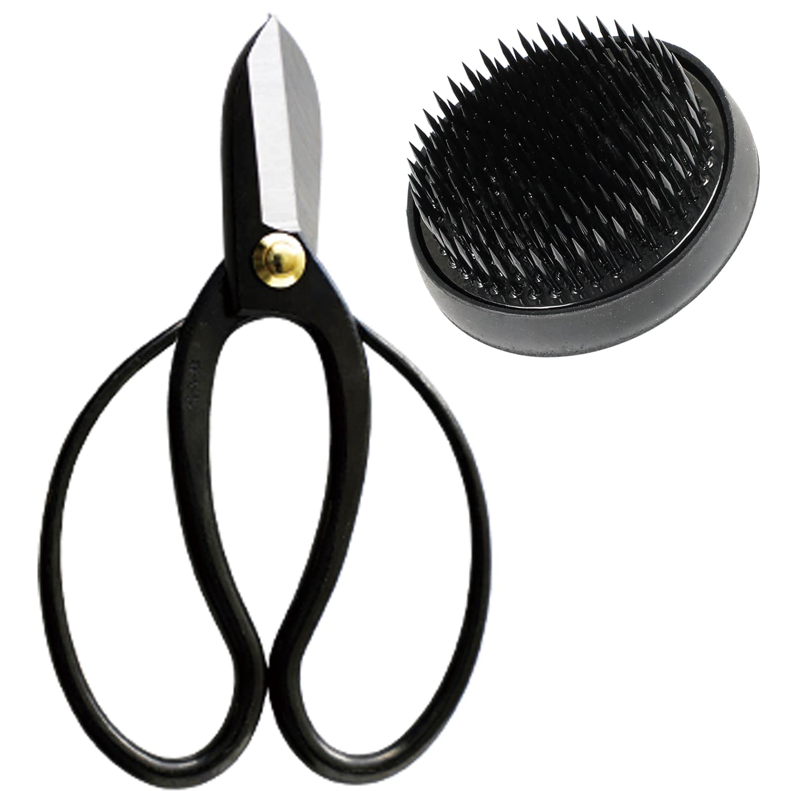 Wazakura 2PCS Japanese Ikebana Essential Tool Set Made in Japan, Floral Arrangement Kit [ Koryu Scissors + 61mm Round Black Kenzan ]
