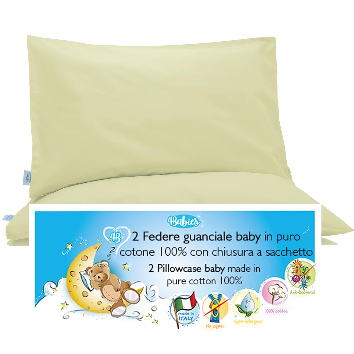 4BABIES- Baby Toddler Pillowcase 40X60 cm - Set of 2 Pillow Cases for cot and crib 100% PURE COTTON Made in Italy - Envelope closure - OEKO-TEX Certified - Children's bedding - Aloe Green