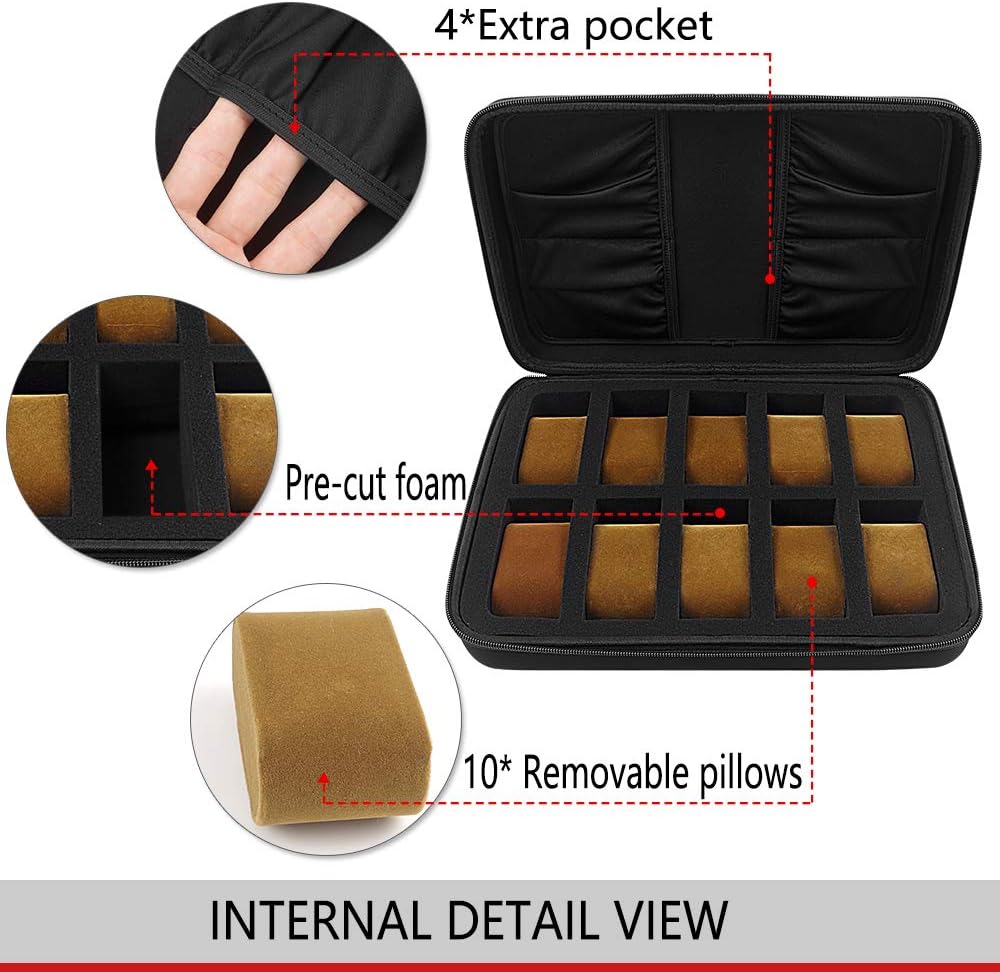 10 Slots Watch Box Organizer/Men Watch Display Storage Case Fits All Wristwatches and Smart Watches up to 42mm with Extra 4 Pocket for Watch Band and Other Accessories (Black)