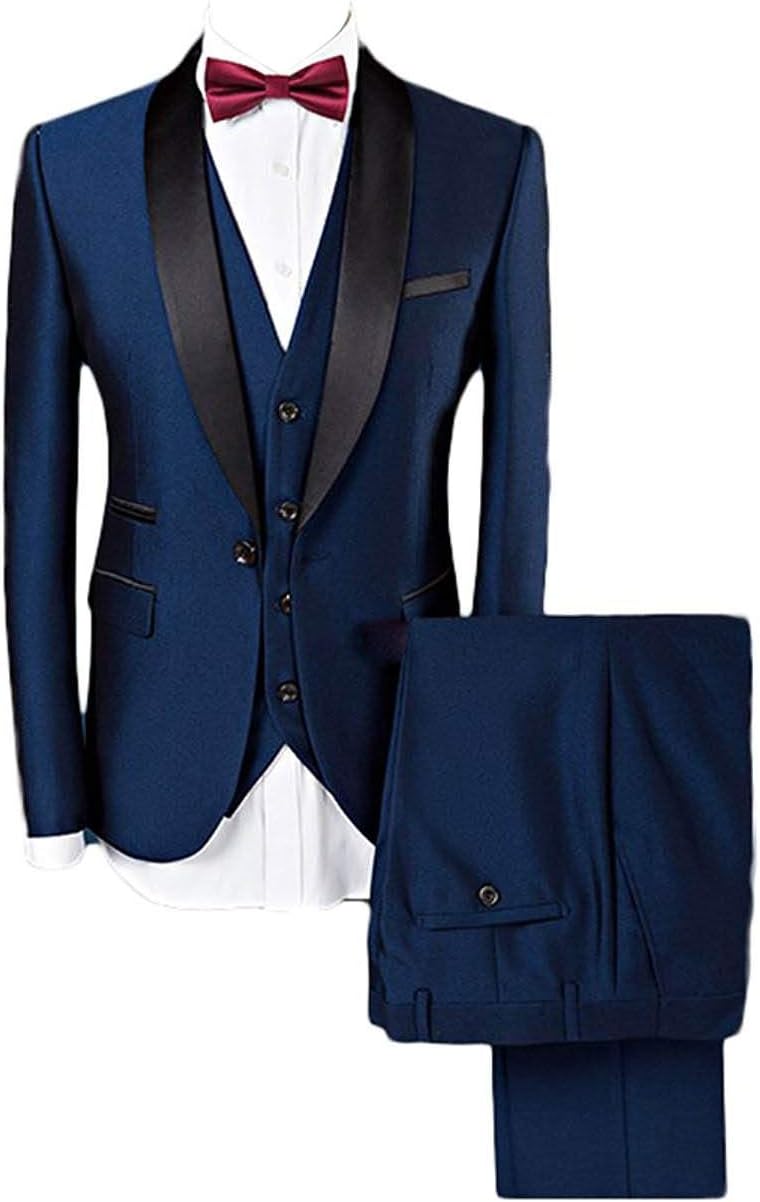 Yunjia Shawl Lapel 3 Pieces Mens Slim Fit Wedding Groom Tuxedos Suits Blazer Vest Pant Set