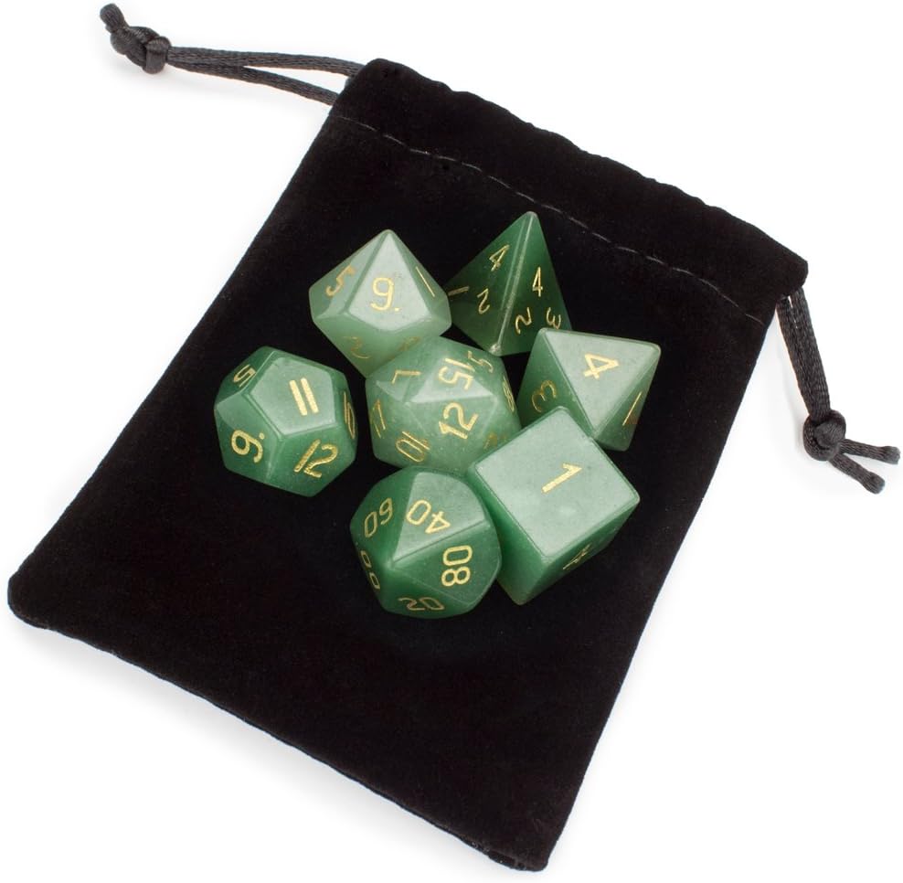 Premium Aventurine Stone Polyhedral Wiz Dice with Velvet Bag - Set of 7 Handmade Dice