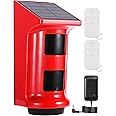 YISEELE Solar Sound & Light Alarm Motion Sensor with 2 Remote Controls, 120DB Alarm Siren, Dual Detector and 3 Work Modes Flashing Warning Strobe Light for Home, Villa, Yard, Chicken Coop, Farm, Barn